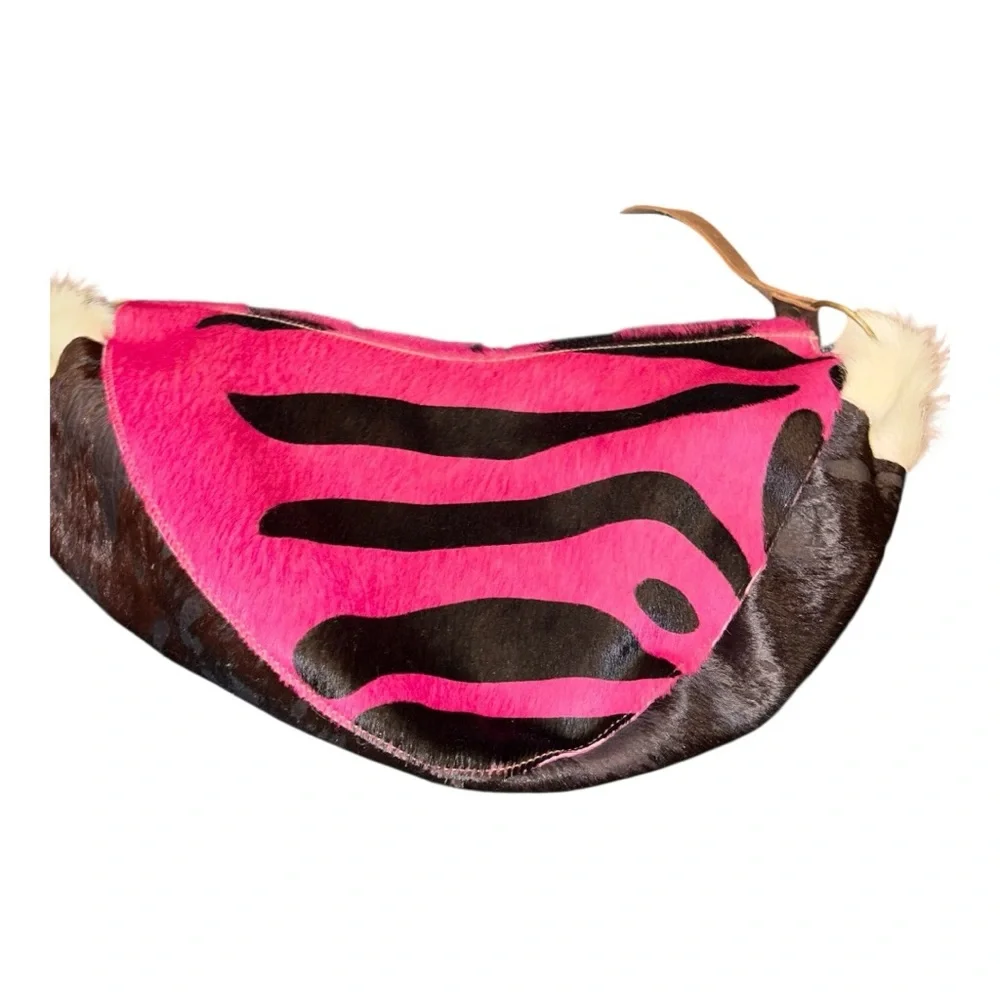 Fur-On Cowhide Western Shoulder Bag Pink & Black Zebra Print w/Leather Strap BP4